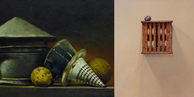 Fragment uit schilderij Stilleven met gek, Bert Kinderdijk particuliere collectie en schilderij Het marmeren ei, BK