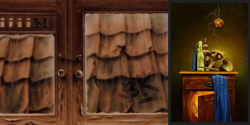 afb detail uit schilderij Het venster, Bert Kinderdijk en schilderij Bij nadere beschouwing, BK, particuliere collectie