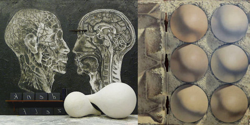 Beelden Denk zelf, mixed media Bert Kinderdijk en detail schilderij eieren BK