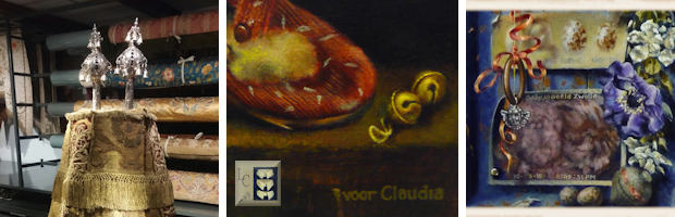 Siertorens Torarol foto JCK, detail schilderij Bert Kinderdijk, slofjes en belletjes en detail schilderij met rammelaar BK particuliere coll