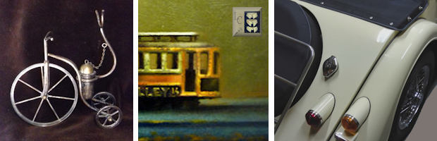 Zilveren cognacverwarmer vélocipède, detail schilderij Tijdreizigers gietijzeren trolley Bert Kinderdijk en detail Morgan