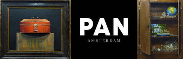 Pandora schilderij Bert Kinderdijk 2021, logo PAN Amsterdam en schilderij Lotgevallen van Moeder Aarde Bert Kinderdijk 2022