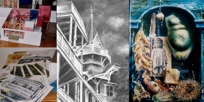 afb. maquette BK en BG, afb. houtskooltekening toren badhotel, afb. collage Bert Kinderdijk