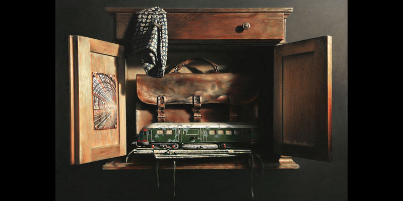 Schilderij Bert Kinderdijk, De tas van Elsschot. olieverf op doek, 60x80 cm, 2025 | Hedendaags Realisme