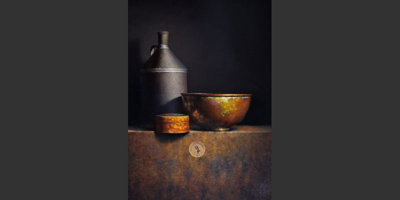 afb. Schilderij Op de Valreep, olieverf op paneel 50x40cm, Bert Kinderdijk BK, 2025